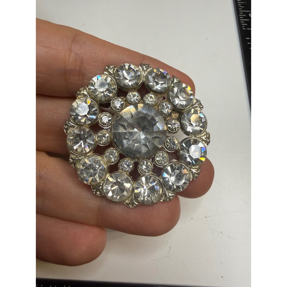Vintage Silver Tone Clear Rhinestone Round Sunburst Brooch Pin Mid Century